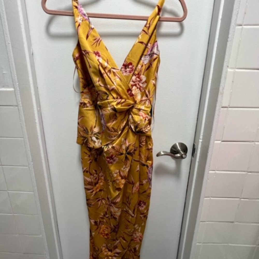Floral Satin Twist Waist Hi-Lo Midi Dress